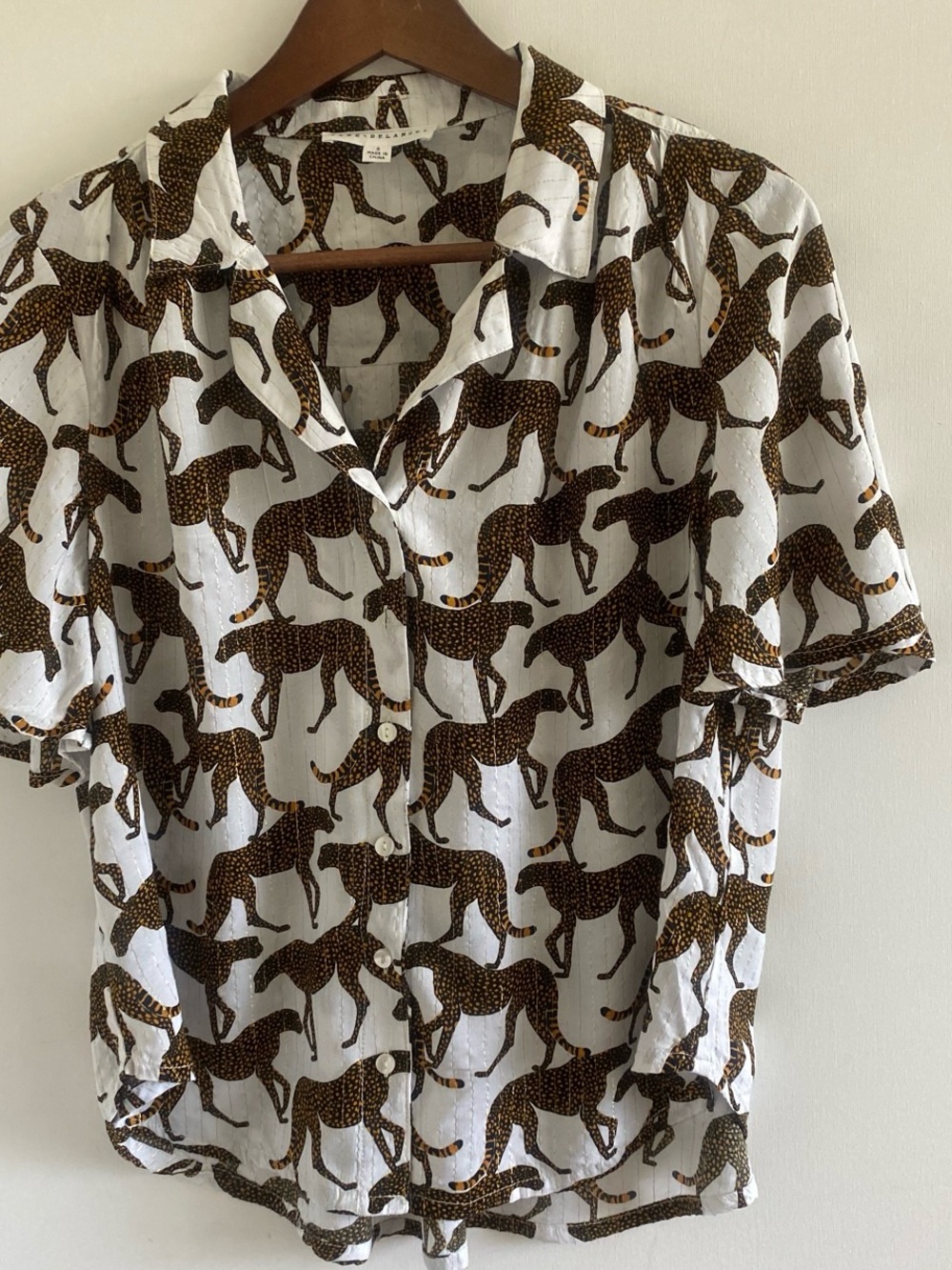 Lane+Delancey rayon Cheetah  Print Button-Up Shirt in White and Brown sz S